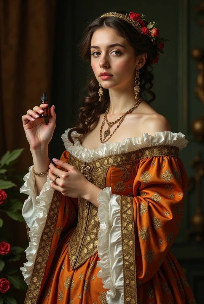 A woman in a dress、Wearing necklaces and earrings、Holding aromatherapy in hand的女士的特写, in a high Renaissance style, in a Renaissance style, in Renaissance style, Renaissance Portraits, realistic Renaissance Portraits, ornate portrait, golden corset, Renaissance style, elegant portrait, Beautiful Portrait, very Beautiful Portrait, Medieval Portraits, Stunning Portraits, Victorian female portrait, A beautiful Victorian woman,Holding aromatherapy in hand