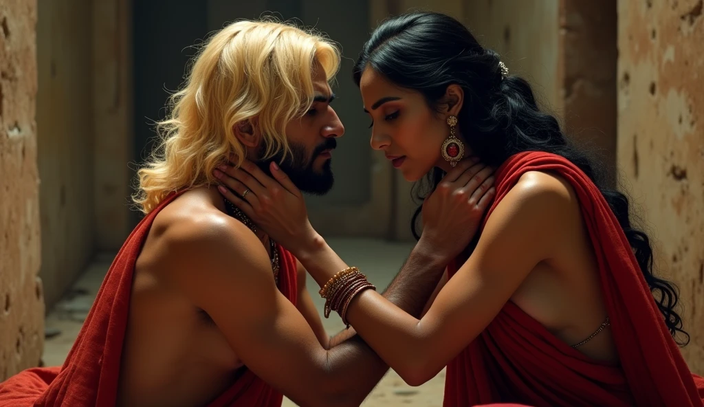 intimate moment between indian Queen Sumegha, her hair is black Nirmal who is a poor male (poor weak man). queen look blond and jerking man dick, no one wearing cloth. queen wearing read saree and cruel. jerking slave dick. queen hair is black.