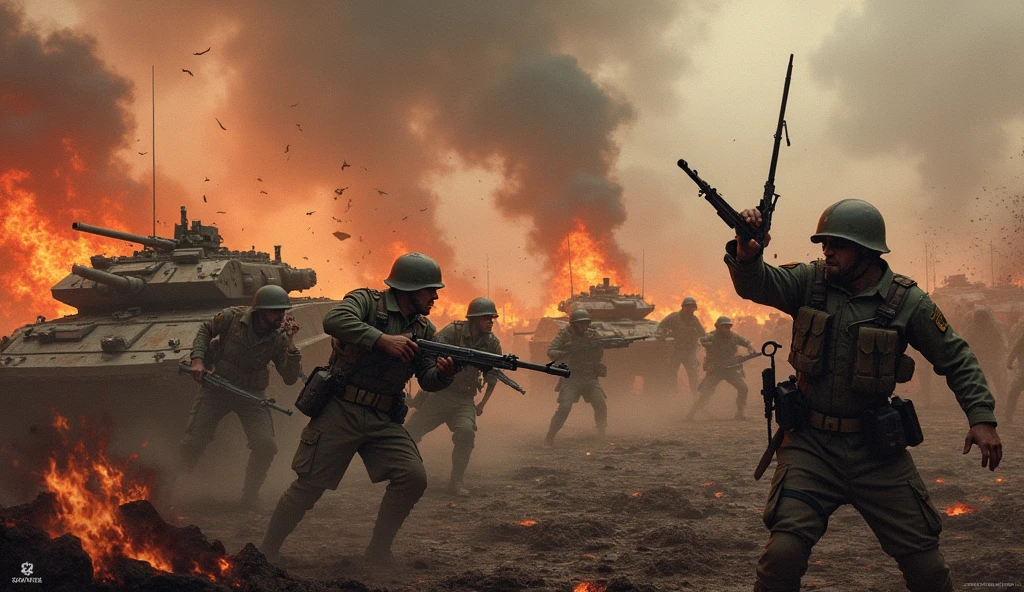 Fierce battle scene, There are many people fighting around, Fire raging around, Sense of presence, tanks scattered with flames,