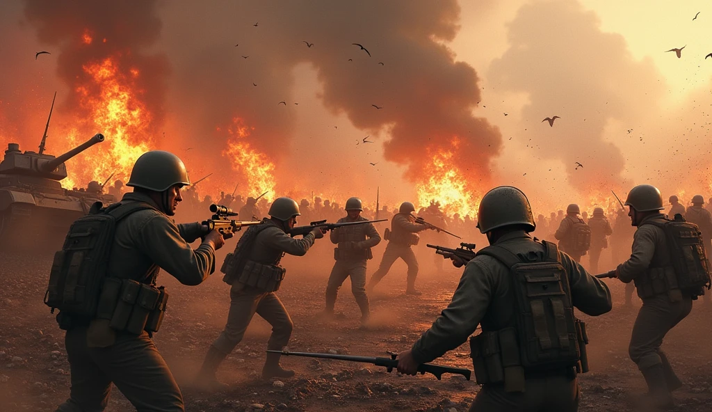 Fierce battle scene, There are many people fighting around, Fire raging around, Sense of presence, tanks scattered with flames,