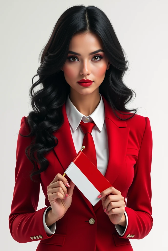 Portrait, beautiful woman, holding Indonesian flag, alpha female, shirt, blazer red, tie, elegant, black hair, white background