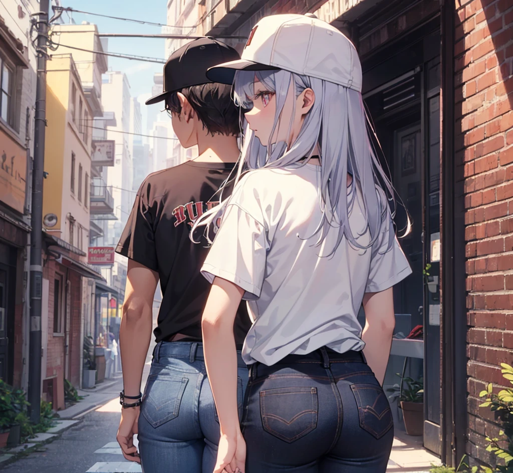 (Close-up:1.3),Realistic,Highest quality, Super detailed, High-quality CG rendering, The most delicate and beautiful, Floating softly, High resolution, (1 person), (Highest quality,4K,8k,masterpiece:1.2), Light purple hair,(Long Hair:1.5),Red eyes,(Black short sleeve T-shirt:1.4),(Pure white skinny jeans:1.4),(Pure white baseball cap:1.3),In the city,old buildings,Narrow Alley,(Turn your back to your audience:1.3),Butt