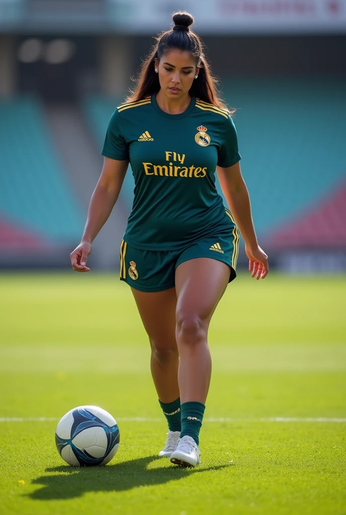Make a busty and big-bottomed woman training soccer with a Real Madrid shirt