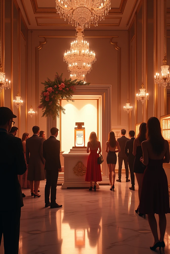 A glamorous show in New York showcasing the perfume 'Shadow of Soul.' The setting is luxurious, with elegant displays and a spotlight on the perfume bottle.: animation form