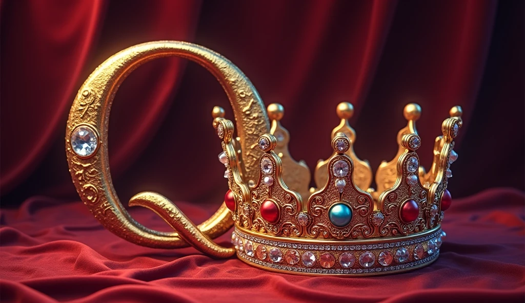 Q**: "Illustrate the letter 'Q' with a queen's crown beside it. The crown should be majestic and sparkling, with a royal-themed background that includes soft velvet or regal colors."