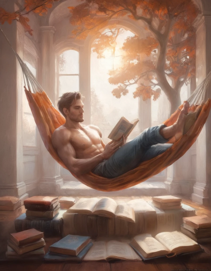 Hyperreal digital art style, "Fairytale", fantasy world coming out of centered book, open book, hyperdetailed double exposure fantasy illustration, masterpiece, cinematic, by Andreas Lie, Luke Gram, photorealism, backlit, gorgeous light, a man resting in a hammock reading a book