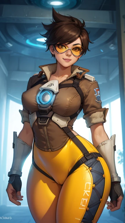 (thick thigs:1.8)(gigantic breast:0.8) 1 girl,(solo),(high-level image quality),(hight quality),(high resolution),(detailed),(masterpiece),(artwork:1.2), (realistic), (cowboy shot:1.5),looking at viewer, Detailed eyes, perfect face, perfect eyes, Detailed face,very short black hair,fingerless glove,Tracer (overwatch),((eyewear)),(yellow leggings),(long shot), smile, curvy,(reactor),garter belt,tall, SFW,