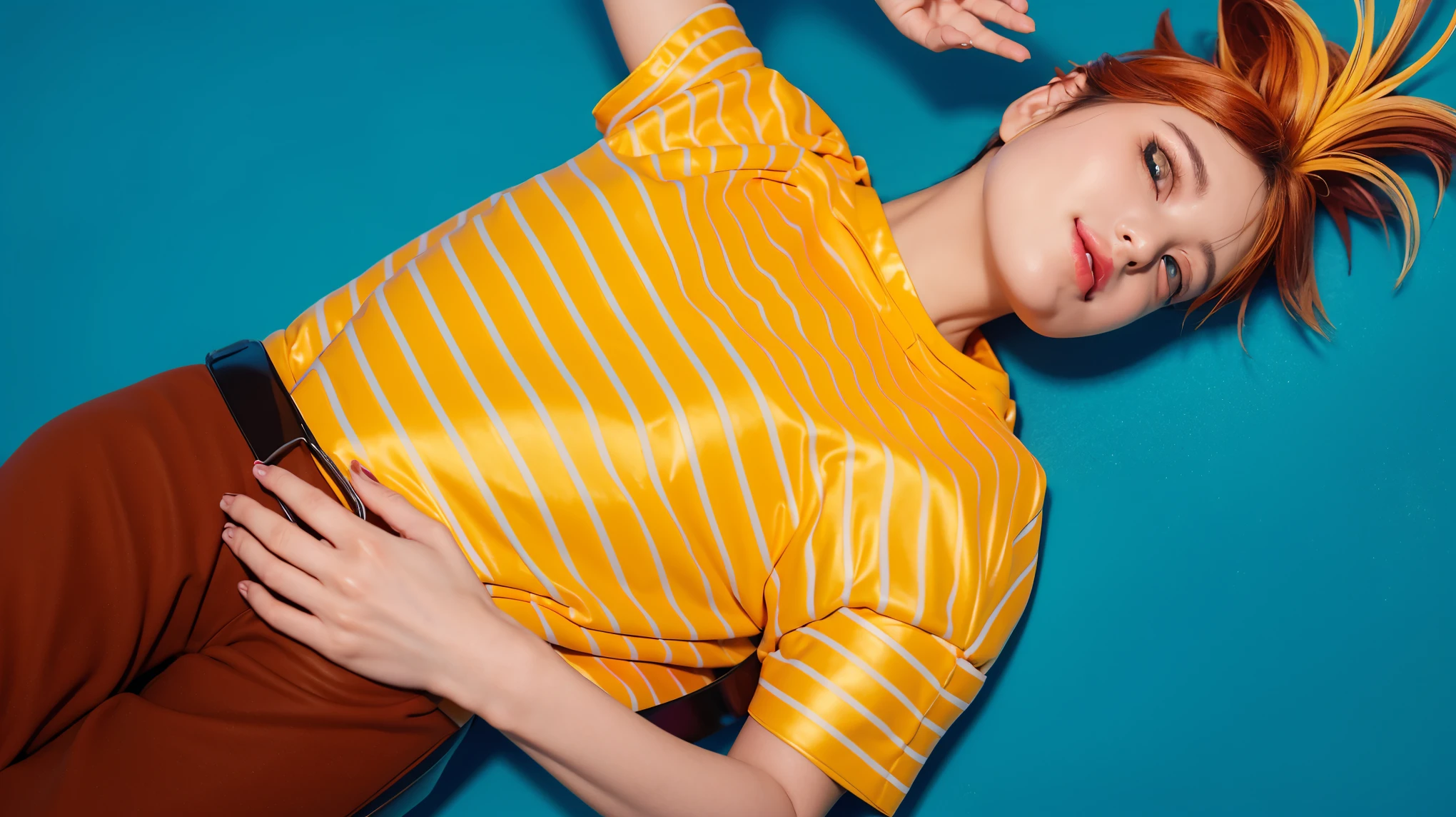 The image captures a young woman lying on her back on a vivid purple surface. Her striking orange hair fans out in dynamic, spiked tufts, adding a lively contrast to the scene. She wears a bright yellow striped shirt and brown trousers, adding to the vibrant, colorful aesthetic. Her expression is peaceful, suggesting a moment of relaxation or introspection. The composition and color palette create a playful yet calm atmosphere, emphasizing the woman's serene state amidst the lively backdrop. This surreal representation combines elements of the macabre with a playful twist, creating a visually intriguing and slightly whimsical piece.The purple background complements the costume, creating a vibrant and engaging scene. (glossy plastic texture with multiple big light probe refractions), perfect cgi, smooth silhouette, high intensity refraction, (super glossy plastic material), most beautiful vfx, , realistic, 4k, high resolution, rim light, smooth 3d model, multiple light sources, rim light, sharp post effects render,, realistic, 4k, high resolution, rim light detailed digital art, reflective, best quality, 4k, masterpiece:1.2, ultra-detailed, realistic, vivid colors, The image of the highest quality, ensuring every detail showcased perfectly. It in 4k resolution, allowing viewers to immerse themselves in the richness of the colors and intricate details. The realistic rendering. under the spotlight, reflecting, high-resolution image, realistic rendering