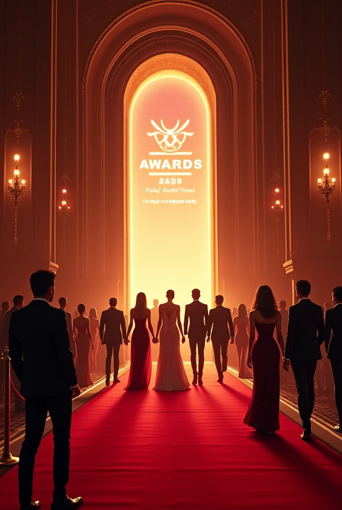 A glamorous red carpet scene with stylish attendees walking towards a grand, illuminated archway draped with curtains. The awards logo shines above the entrance, with the tagline "The Night of Stars Begins Here." Create a realistic cinematic image
