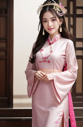 Highest quality, masterpiece, High resolution, One person, ancient Chinese pink dress, Beautiful Face, Ancient Chinese Clothing, Bow without original photo, elegant, Noble, Crown, Thin legs, Fairy, hair accessory, alone, View your viewers, smile, shut up, lips, dress, hair accessory, necklace, jewelry, Long Hair, Earrings, architecture, east asian architecture
