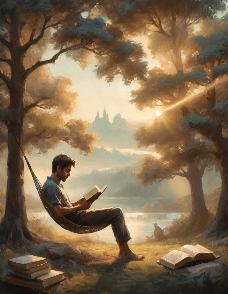 Hyperreal digital art style, "Fairytale", fantasy world coming out of centered book, open book, hyperdetailed double exposure fantasy illustration, masterpiece, cinematic, by Andreas Lie, Luke Gram, photorealism, backlit, gorgeous light, a man resting in a hammock reading a book
