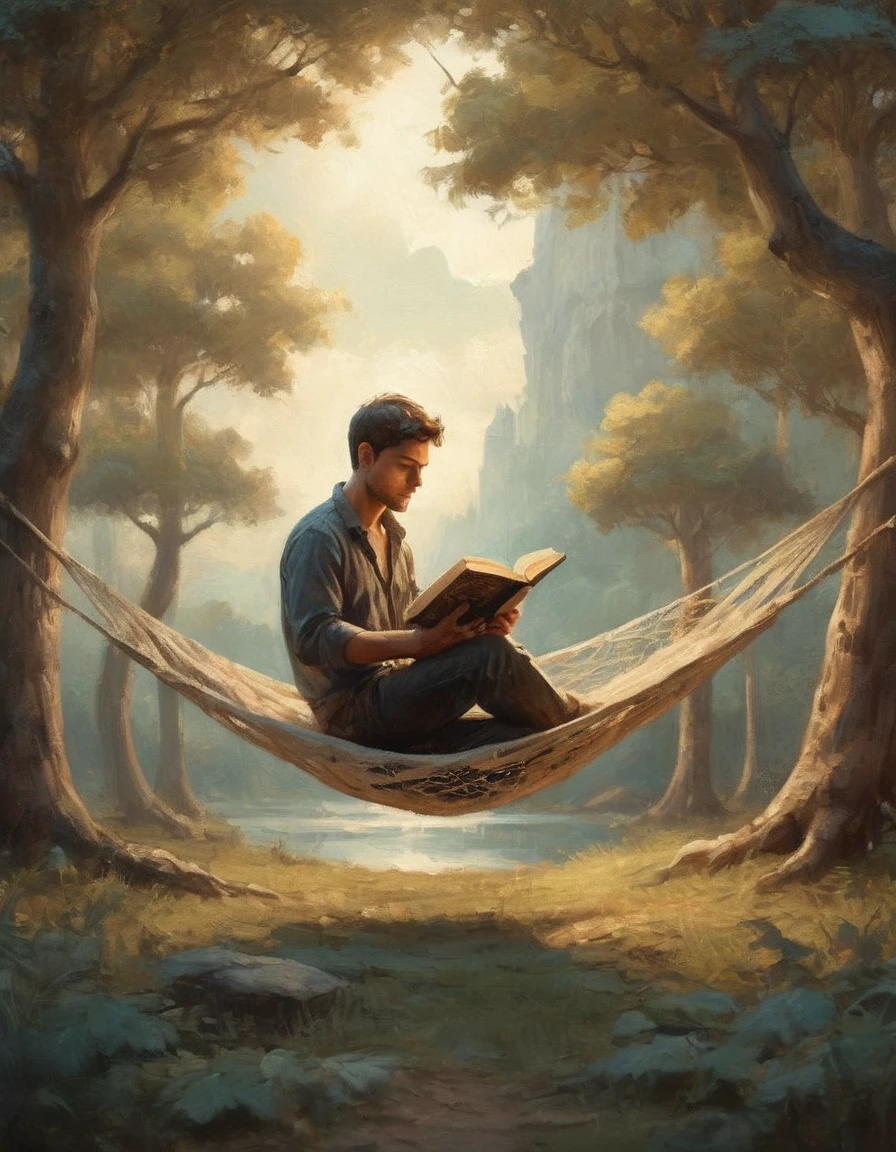 Hyperreal digital art style, "Fairytale", fantasy world coming out of centered book, open book, hyperdetailed double exposure fantasy illustration, masterpiece, cinematic, by Andreas Lie, Luke Gram, photorealism, backlit, gorgeous light, a man resting in a hammock reading a book