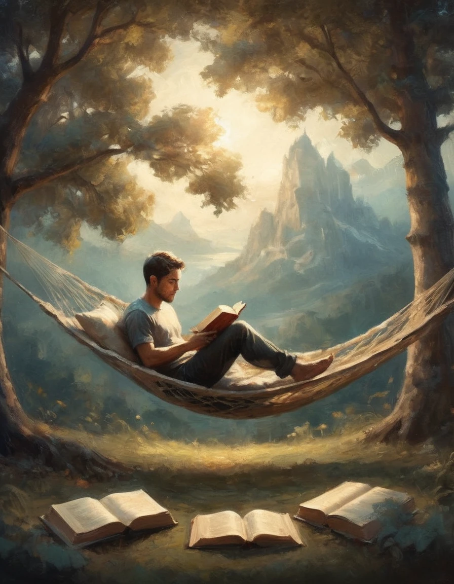 Hyperreal digital art style, "Fairytale", fantasy world coming out of centered book, open book, hyperdetailed double exposure fantasy illustration, masterpiece, cinematic, by Andreas Lie, Luke Gram, photorealism, backlit, gorgeous light, a man resting in a hammock reading a book