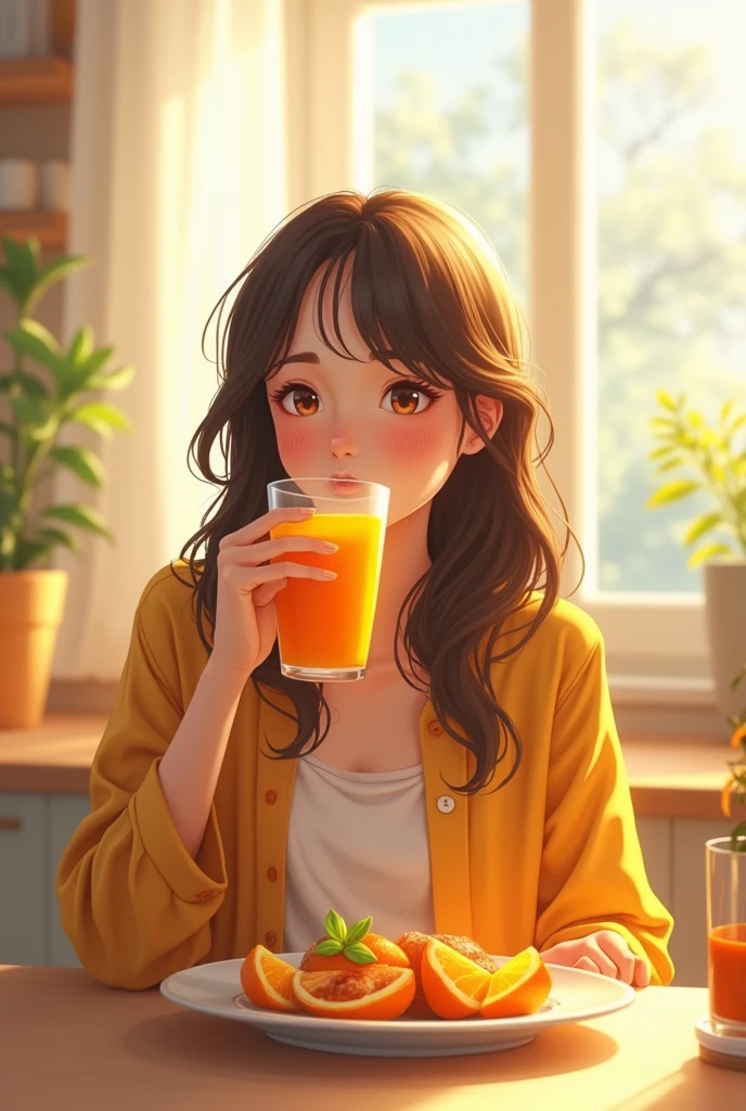 female teenage student having healthy breakfast, An orange juice in the morning of a bright and hopeful day