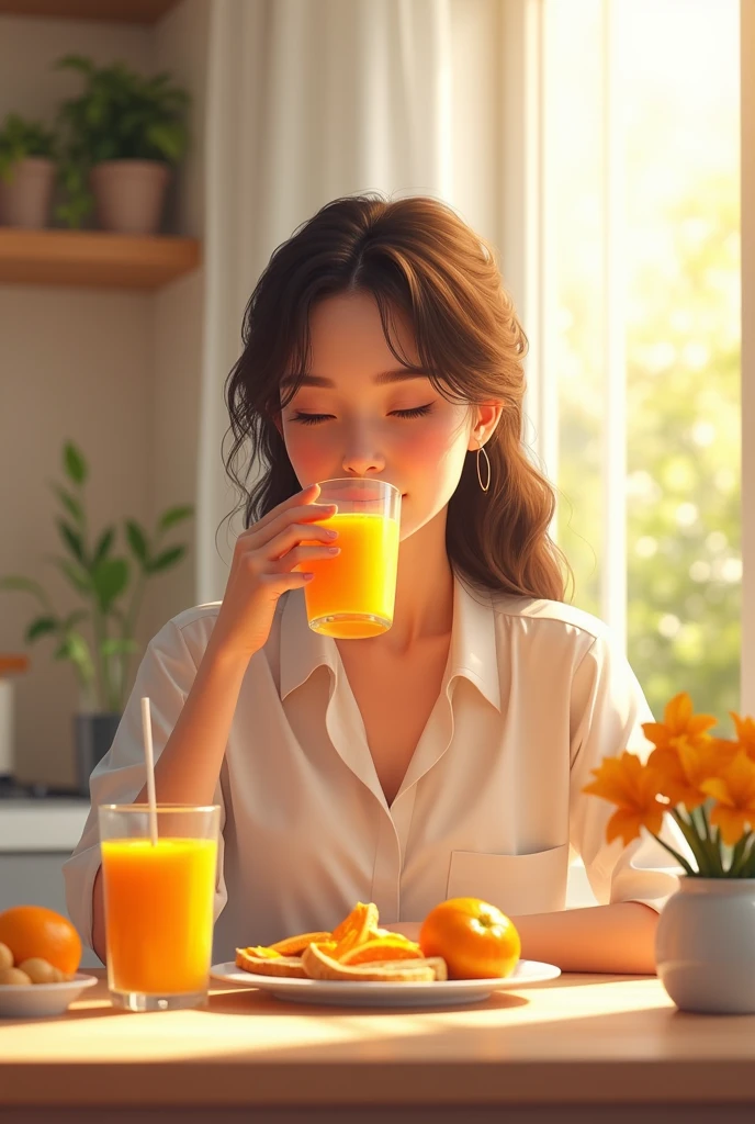 female teenage student having healthy breakfast, An orange juice in the morning of a bright and hopeful day