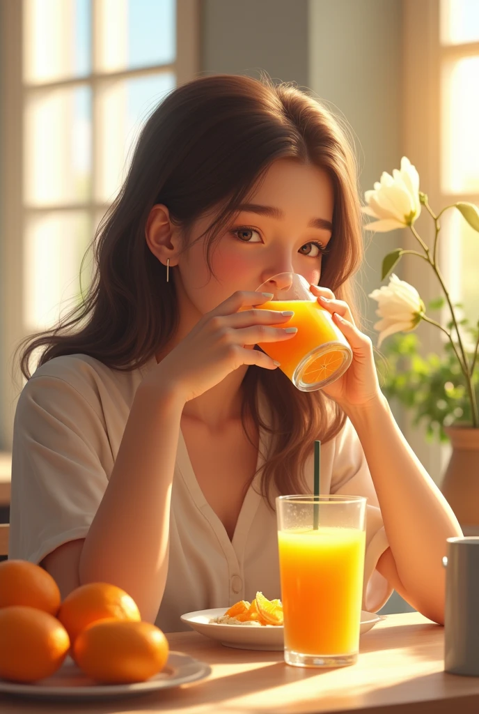 female  having healthy breakfast, An orange juice in the morning of a bright and hopeful day