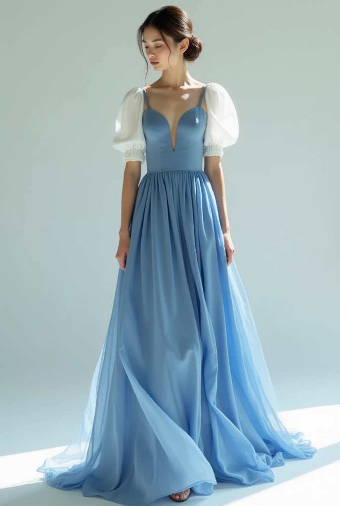 Delicate white blue silk midi dress. shoulders and sleeves are white separately with a small slit above the chest and puffy sleeves to the elbow 