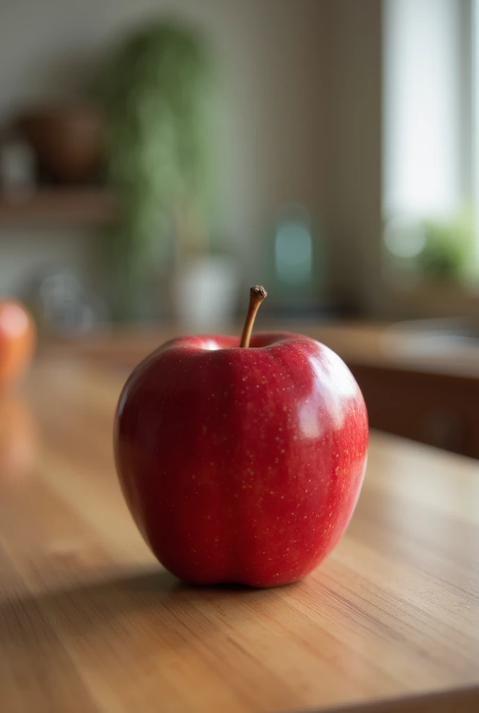 an red apple on the table in the kitchen