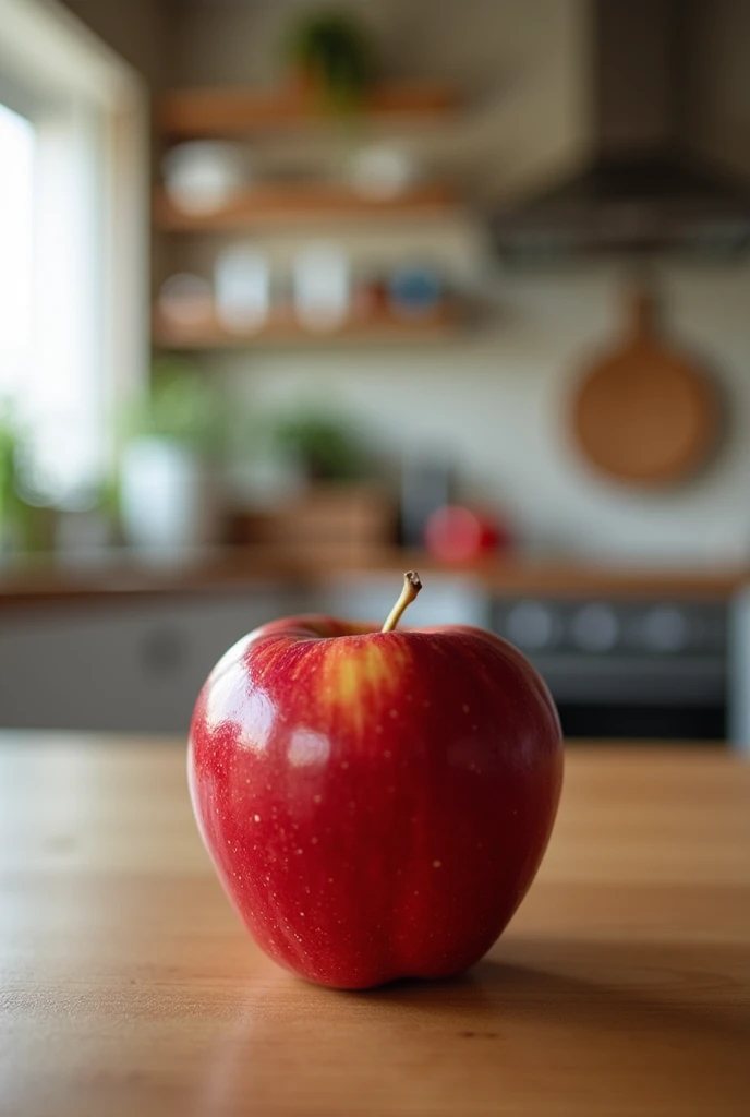 an red apple on the table in the kitchen