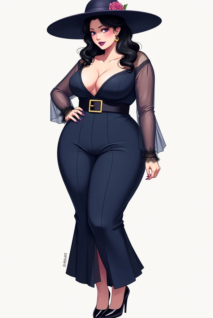 She was wearing a long hat with a rose on it、The dress that covered her entire body with G-cup breasts and reached her ankles was belted at the waist.、Overall in navy blue、She was wearing a sheer top that showed her cleavage.、She has purple lipstick and moon earrings、She was wearing black heels and had a curvaceous, voluptuous body.、With small eyes and a round face、Long black hair with a center part、A late 20s anime girl who looks like Deborah Arlini

