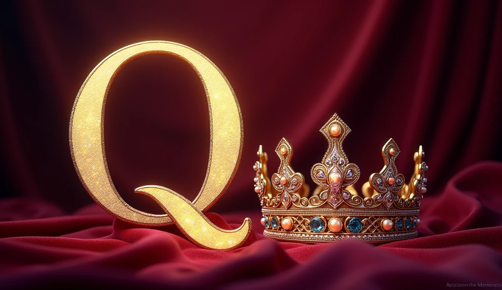 Q**: "Illustrate the letter 'Q' with a queen's crown beside it. The crown should be majestic and sparkling, with a royal-themed background that includes soft velvet or regal colors."