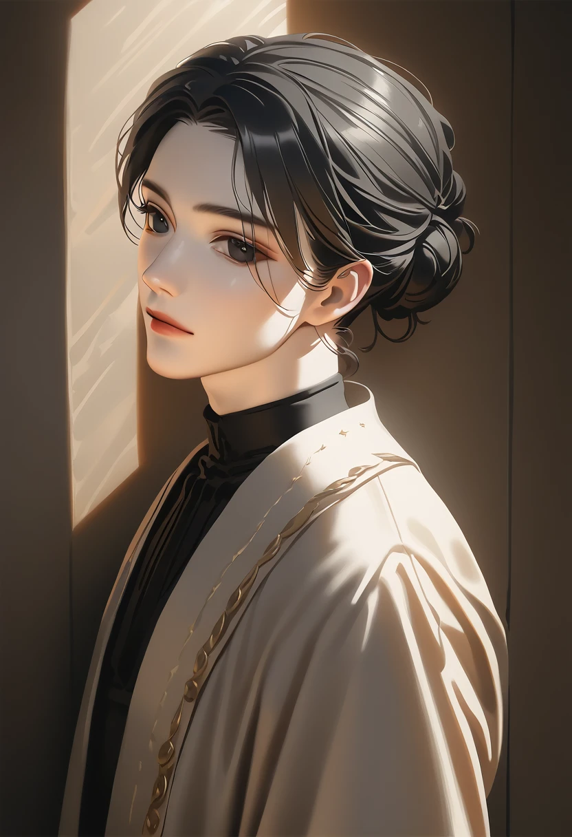 a young man, handsome, black hair, black eyes, serene expression, elegant, graceful, silent, calm, parted hairstyle, realistic, hyperrealistic, high quality, 8k, detailed, intricate, cinematic lighting, dramatic shadows, warm color palette, chiaroscuro, oil painting, digital art, masterpiece, award-winning
