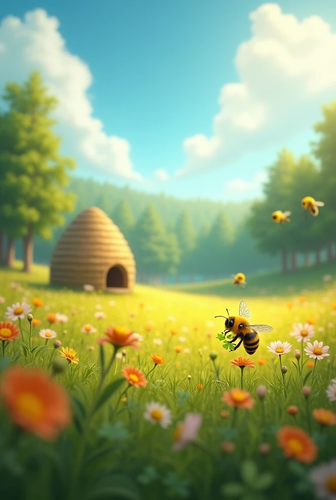 a field of flowers, a forest in the background (desfocada ). beautiful blue and sunny sky. Bees flying around the hive. one of the bees (destacados), flying near the hive (holding a 4 leaf clover, green color).
