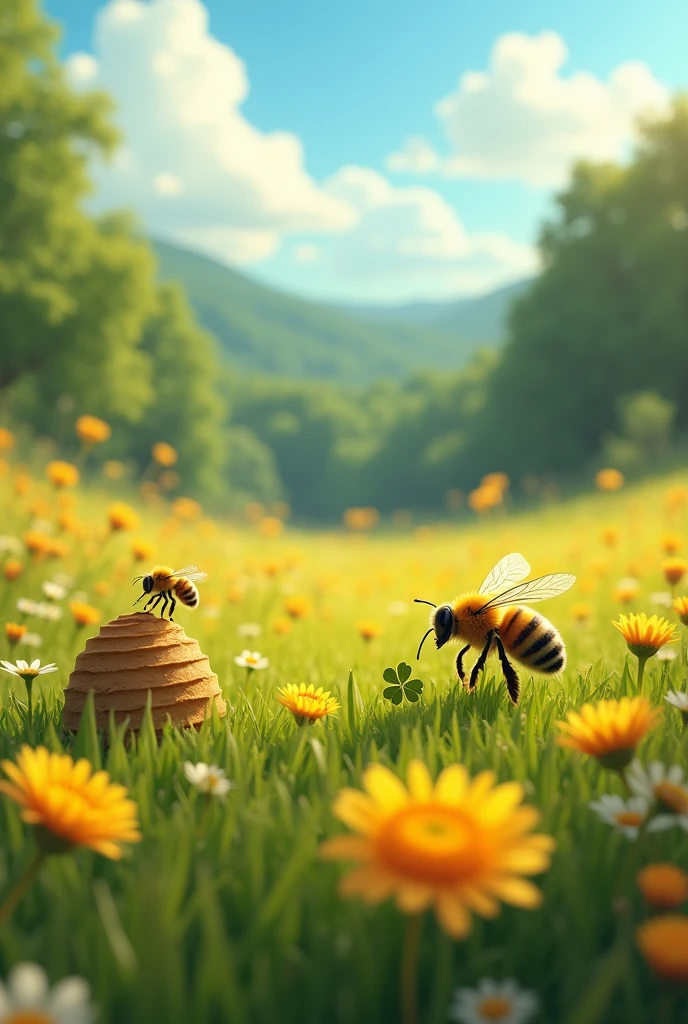 a field of flowers, a forest in the background (desfocada ). beautiful blue and sunny sky. Bees flying around the hive. one of the bees (destacados), flying near the hive (holding a 4 leaf clover, green color).