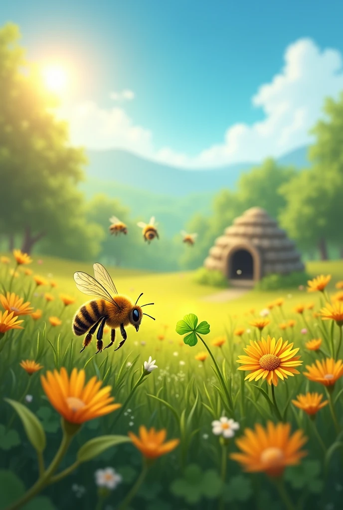 a field of flowers, a forest in the background (desfocada ). beautiful blue and sunny sky. Bees flying around the hive. one of the bees (destacados), flying near the hive (holding a 4 leaf clover, green color).
