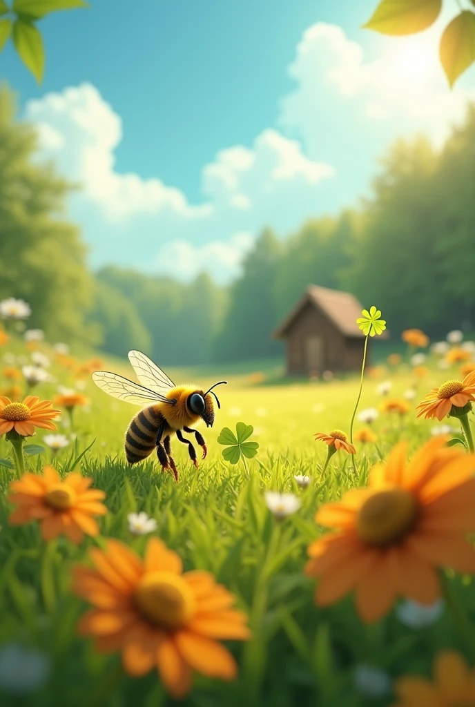 a field of flowers, a forest in the background (desfocada ). beautiful blue and sunny sky. Bees flying around the hive. one of the bees (destacados), flying near the hive (holding a 4 leaf clover, green color).