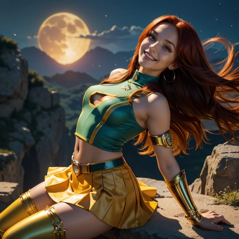 (masterpiece, best quality:1.5), highest quality, High resolution, super detailed, Realists, Full body photo of 18-year-old Starfire from Teen Titans, detailed and beautiful green eyes, beautiful detailed lips, very detailed eyes and face, longeyelashes, additional eyebrows in the forehead area, Beautiful and colorful makeup, Fighting Pose, dark red hair, slightly orange skin, bright daylight, bright colors, fine brushstrokes, Portrait style, beautiful color palette, glowing skin, First-class rendering, that captures every detail, enchanting atmosphere, (perfect anatomy:1.2), (The two stunning Starfire wear a top with shoulder plate, Skirt with tights and overknee boots.Animated series Teen Titans 2003, Starfire flies through the air, Energy shines in her hands. She smiles with joy Panoramic view:1.2)
