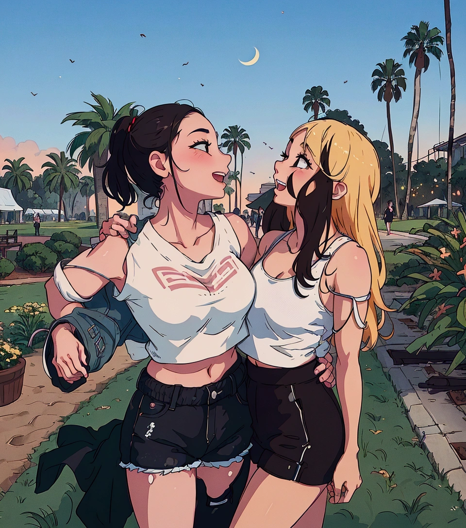 (best quality:0.8) perfect anime illustration, two women standing next to each other in a park, two girls, both laughing, ruan jia and mandy jurgens, college girls, childhood friend vibes, coachella, ๐ท mungojerrie and rumpleteazer, two models in the frame, wearing a cropped tops, palm trees in the background, two beautiful women in love, wearing a cropped black tank top