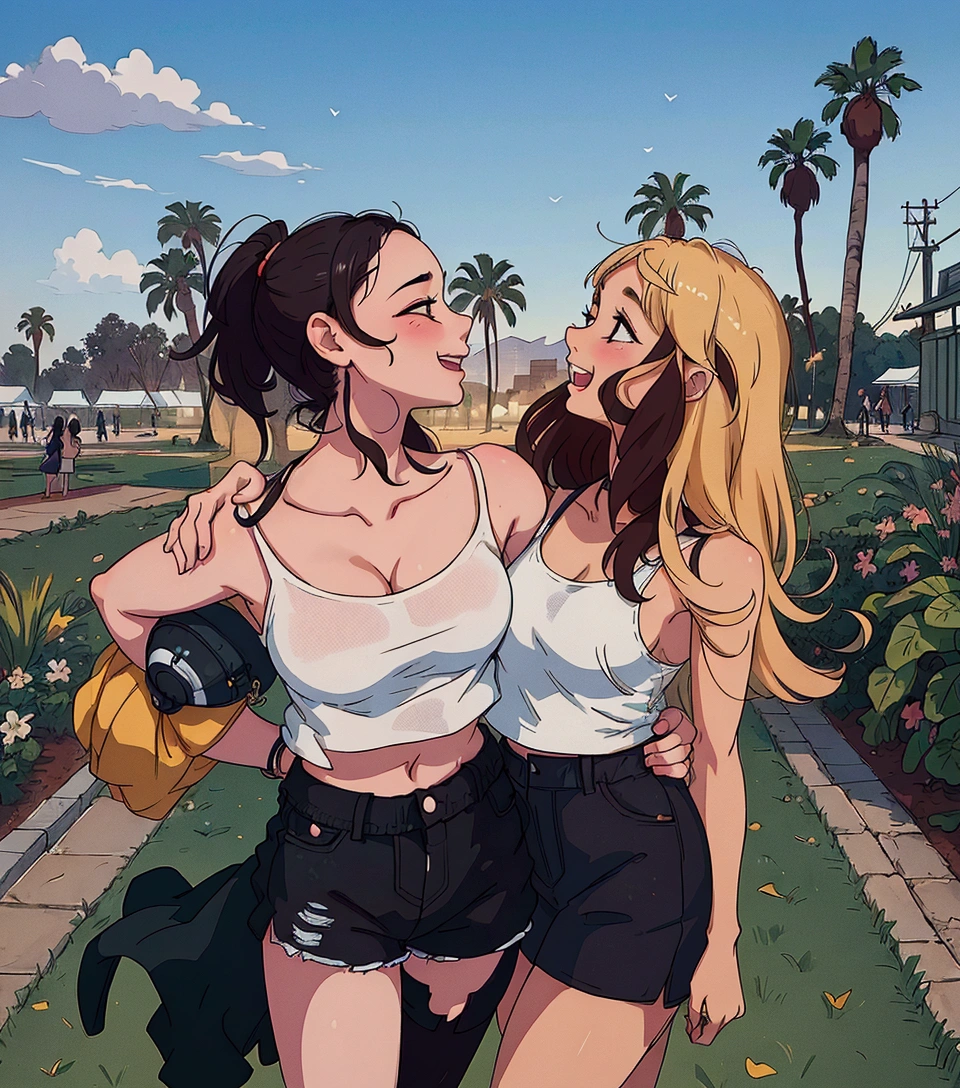(best quality:0.8) perfect anime illustration, two women standing next to each other in a park, two girls, both laughing, ruan jia and mandy jurgens, college girls, childhood friend vibes, coachella, 📷 mungojerrie and rumpleteazer, two models in the frame, wearing a cropped tops, palm trees in the background, two beautiful women in love, wearing a cropped black tank top