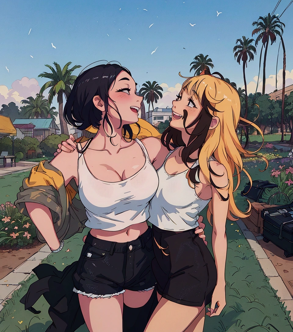 (best quality:0.8) perfect anime illustration, two women standing next to each other in a park, two girls, both laughing, ruan jia and mandy jurgens, college girls, childhood friend vibes, coachella, 📷 mungojerrie and rumpleteazer, two models in the frame, wearing a cropped tops, palm trees in the background, two beautiful women in love, wearing a cropped black tank top