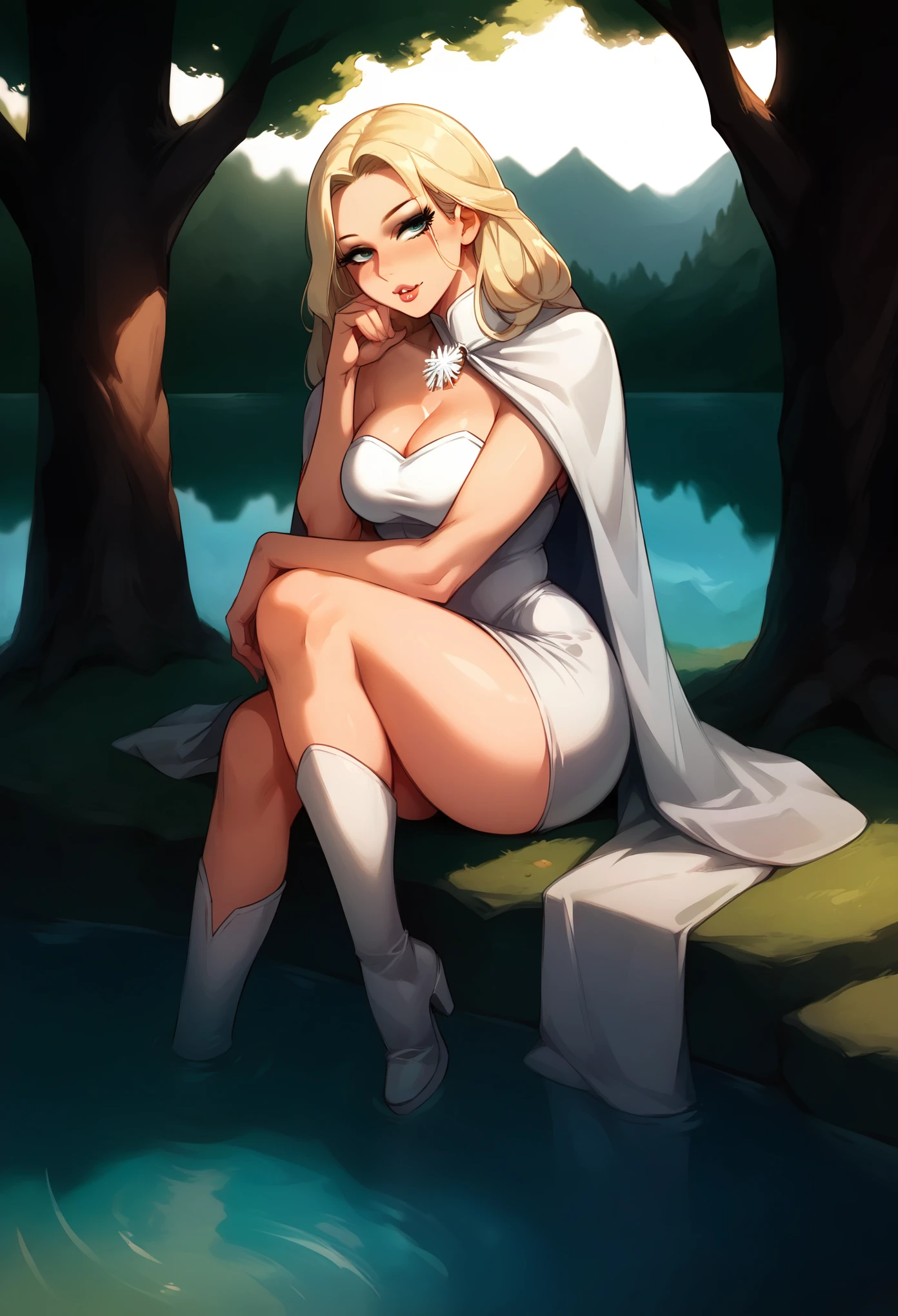 ((Best Quality)), ((Details)), Image of Emma Frost from Marvel, with thick, seductive lips, posing seductively sitting on a rock, at the edge of a beautiful lake, under the shade of a tree, 8k, HD.