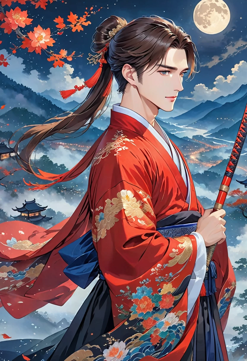 in a Chinese comic style，Handsome monk，handsome and gentle features，long brown hair tied in a ponytail。Wearing exquisite red and black Hanfu，With white embroidery，a royal prince, noble and charismatic。awe-inspiring heroic aura，Mountains in the distance，Fall，Silent night，mist，Lonely night，a god dancing with a spear under the moon，Sophisticated and refined，Handsome，Delicate face，a refined nose bridge，Delicate lips，White skin