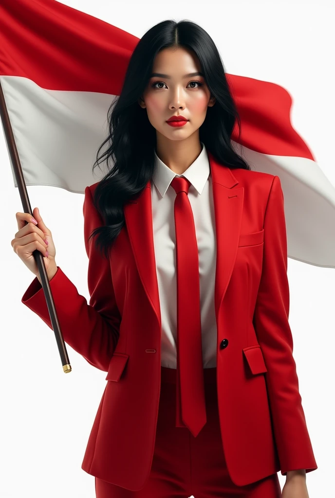 Portrait, beautiful woman, holding Indonesian flag, alpha female, shirt, blazer red, tie, elegant, black hair, white background