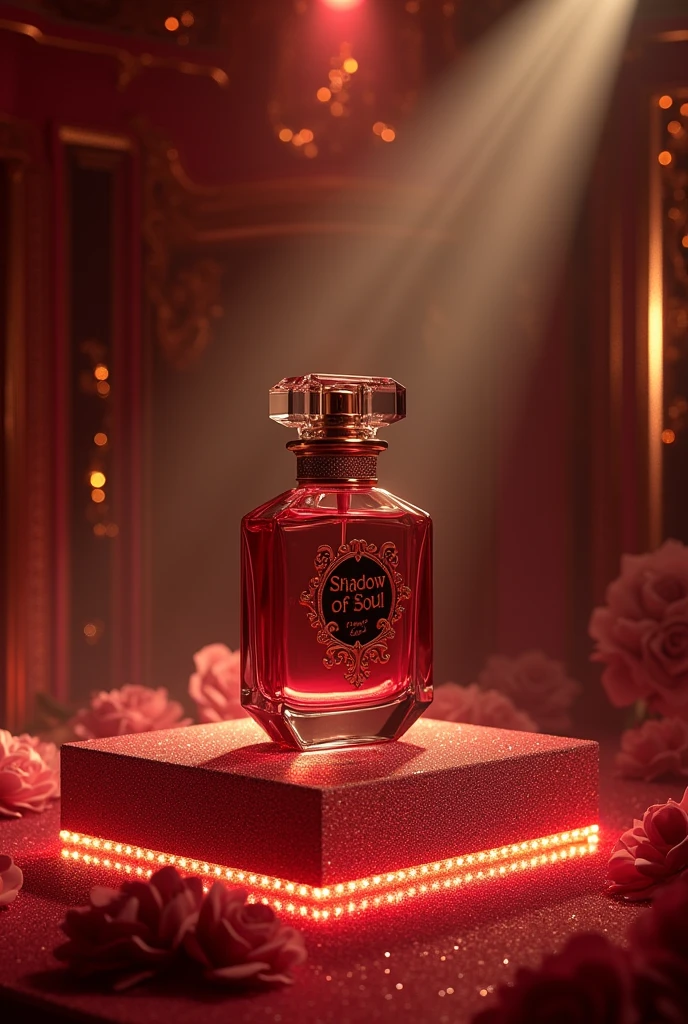 A glamorous show in New York showcasing the perfume 'Shadow of Soul.' The setting is luxurious, with elegant displays and a spotlight on the perfume bottle.: animation form