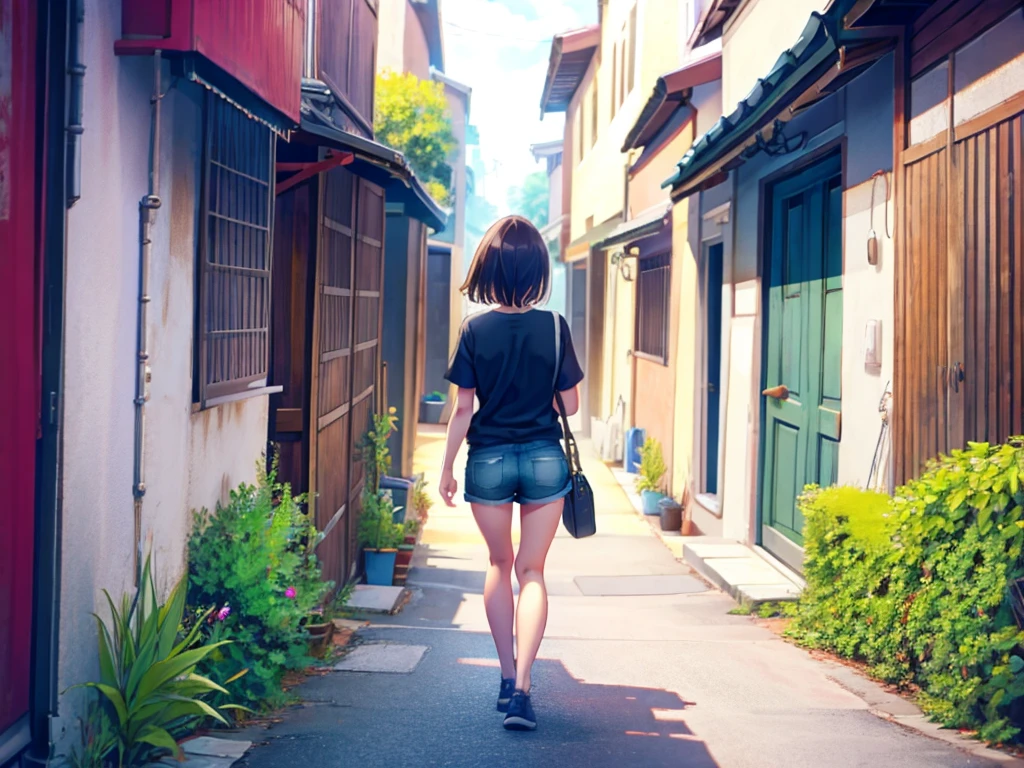 Girl walking down the alley、Upper body naked＋Shorts