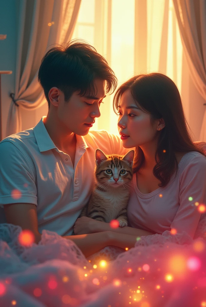 an image of a vietnamese family - a father, a mother, 1 boy, 1 cat with the light shining on them, in the style of colorful prisma, erased and obscured, multiple flash