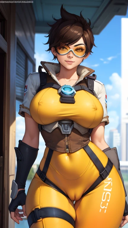 (thick thigs:1.8)(gigantic breast:0.8) 1 girl,(solo),(high-level image quality),(hight quality),(high resolution),(detailed),(masterpiece),(artwork:1.2), (realistic), (cowboy shot:1.5),looking at viewer, Detailed eyes, perfect face, perfect eyes, Detailed face,very short black hair,fingerless glove,Tracer (overwatch),((eyewear)),(yellow leggings),(long shot), smile, curvy,(reactor),garter belt,tall, SFW, cameltoe,