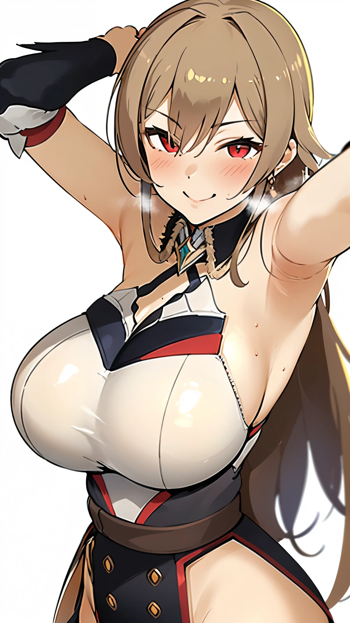 SFW,1girl,white background,Furen E Rustario,pija,standing,huge breasts,blush,headshot,smile,