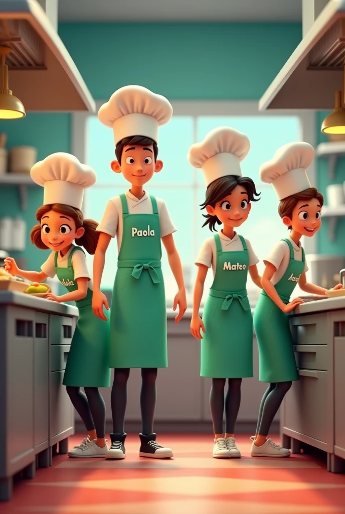 animated kitchen divided into clearly defined work stations. With animated chefs dressed in mint green aprons, each one has an apron with their name. There are 4 and these are their names.: Paola, LAURA, Jack and Mateo