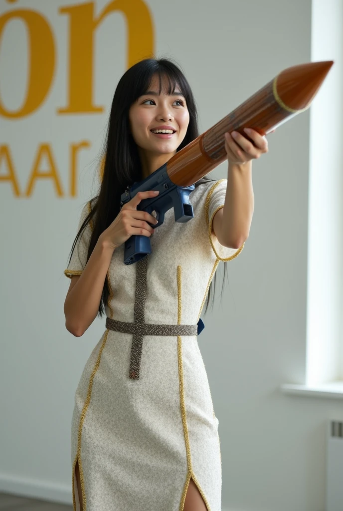 ((A brave woman who attacks with a rocket launcher ten times her body size, 1 person)), 28 years old. Long, straight black hair, slender face, very thin and fair-skinned. She wears a beautiful Dior-style white light tweed dress with gold accents. On stage for "Rocket Launcher", she wears a gorgeous dress with a blue strap around her neck and holds a huge rocket launcher. She smiles while speaking to the audience. Behind her is a white wall with a yellow Sea Art logo painted on it. She has good style. Her eyes seem to have interesting and clever thoughts. Her overall vibe as she shares her knowledge of AI technology with people from all walks of life exudes confidence and determination. That is Sea Art's talking style. Pointing the rocket launcher at the audience.