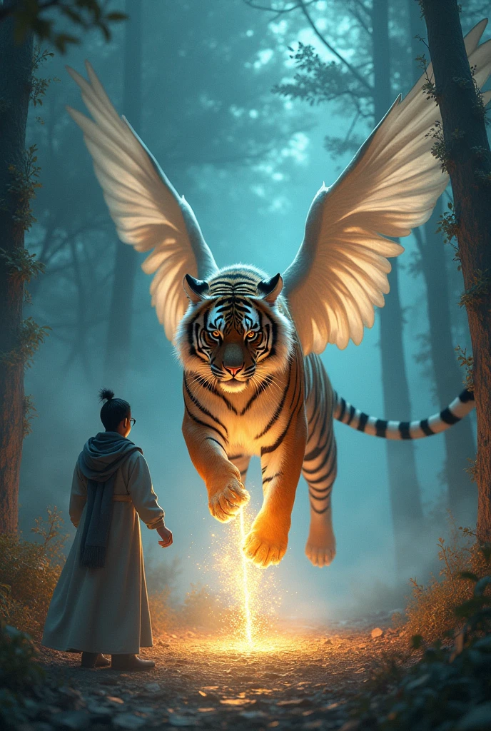• The flying tiger presenting Mohaan with a glowing, magical kit.