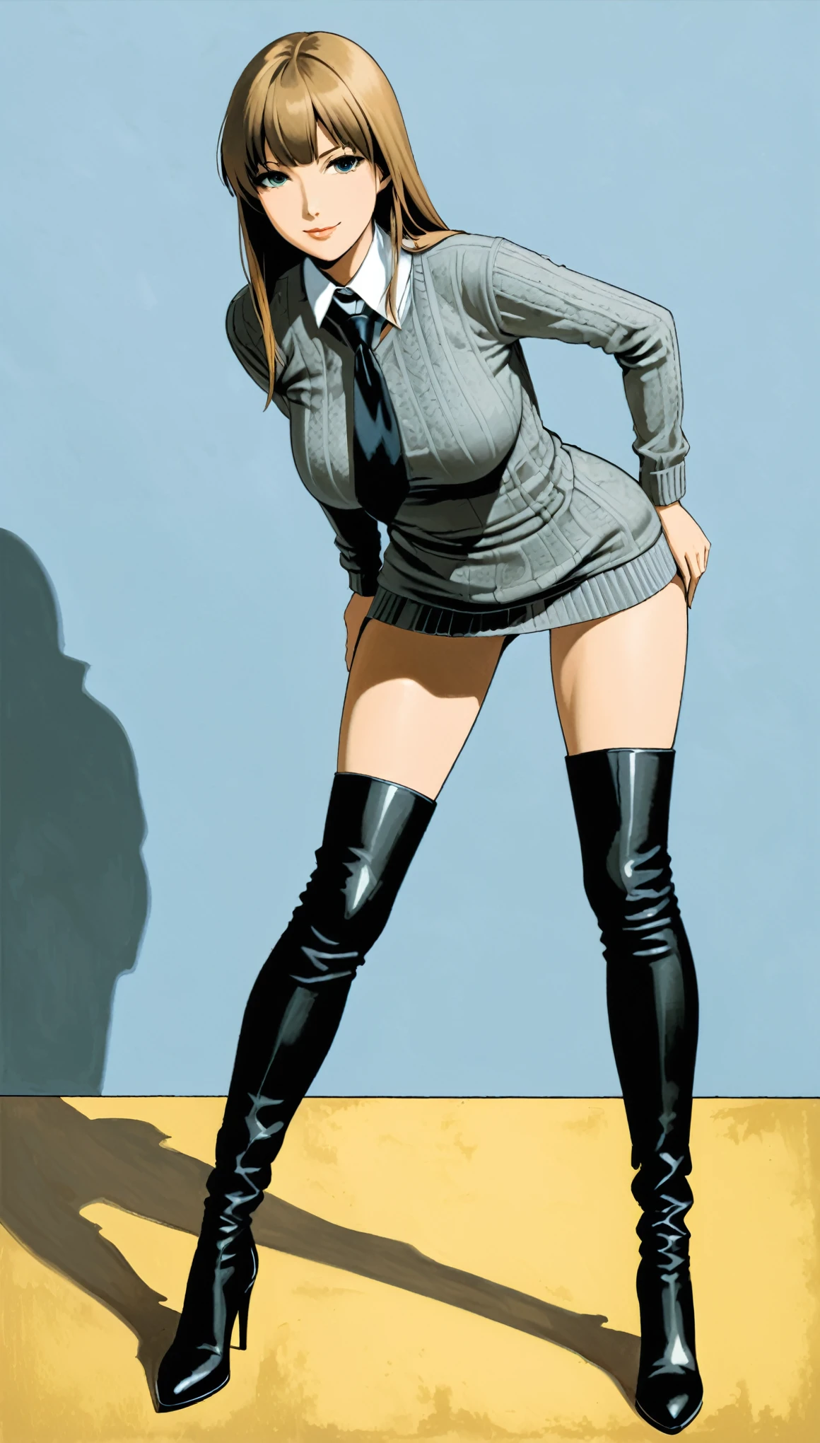 in style of Anne Packard,{in style of Aubrey Beardsley:1.1},[in style of Hans Hartung],in style of Andy Kehoe,in style of Anne Truitt-【Realism】-
1girl,gravure_pose
BREAK
gray virgin killer sweater only,(tie-up over-the-knee long-heel  black leather boots),big breasts,smiling
BREAK
long legs,{stand with diverging feet:2.6},shoulder,hands_on_hips,(leaning_forward:1.5),extreme detailed leather texture,thick tie-in,(comic illustration style:1.8)