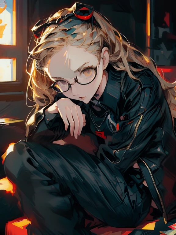 ((chibi)), big head, focus face, in the art style of persona5, (masterpiece:1.2, highest quality), (Realistic, photoRealistic:1.4), Beautiful illustrations, (Natural Side Lighting, Cinema Lighting), Written boundary depth, Beautiful thighs staring at the viewer, 1 female, 20-year-old, alone, thin, slender, (small breasts), long Hair, straight Hair, Forehead, Forehead, Forehead, Forehead, thin, slender, glasses, ((Skinny black pants, collared shirt, oversized zip-up blouson)), lying on the sofa, (((glasses)))