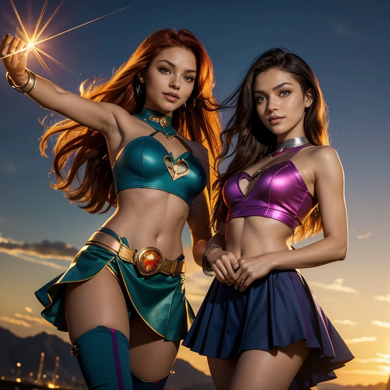 (​masterpiece, best quality:1.5), highest quality, High resolution, super detailed, Realists, Full body photo of 18-year-old Starfire from Teen Titans, detailed and beautiful green eyes, beautiful detailed lips, very detailed eyes and face, longeyelashes, additional eyebrows in the forehead area, Beautiful and colorful makeup, Fighting Pose, dark red hair, slightly orange skin, bright daylight, bright colors, fine brushstrokes, Portrait style, beautiful color palette, glowing skin, First-class rendering, that captures every detail, enchanting atmosphere, (perfect anatomy:1.2), (The two stunning Starfire wear a dark blue top with shoulder plate, silver skirt and dark blue overknee boots.Animated series Teen Titans 2003, Starfire flies through the air,  Energy shines in her hands. She smiles with joy Panoramic view:1.2)