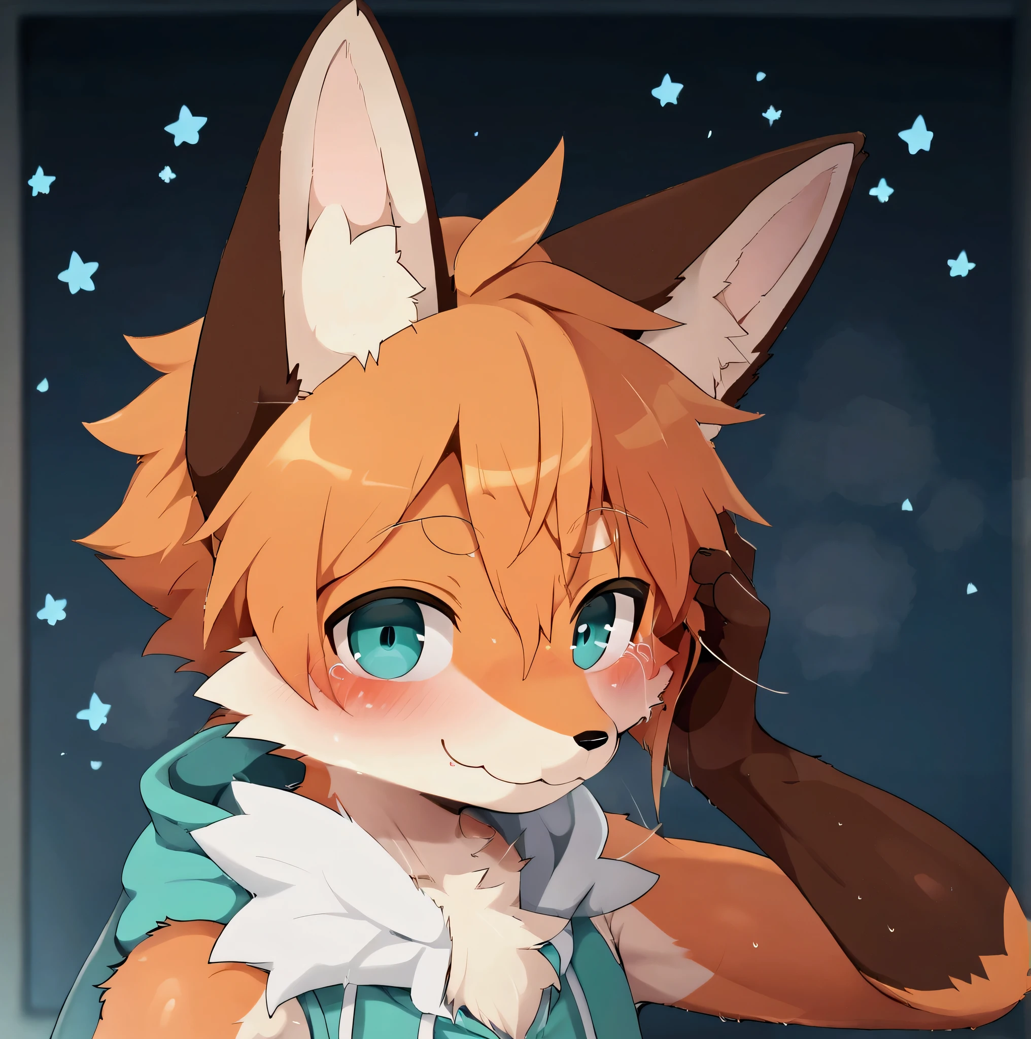 (best quality,ultra-detailed), (kemono poilu, furry),orange fur, light orange hair,sweatshirt,turquoise eyes, fox,girly male.