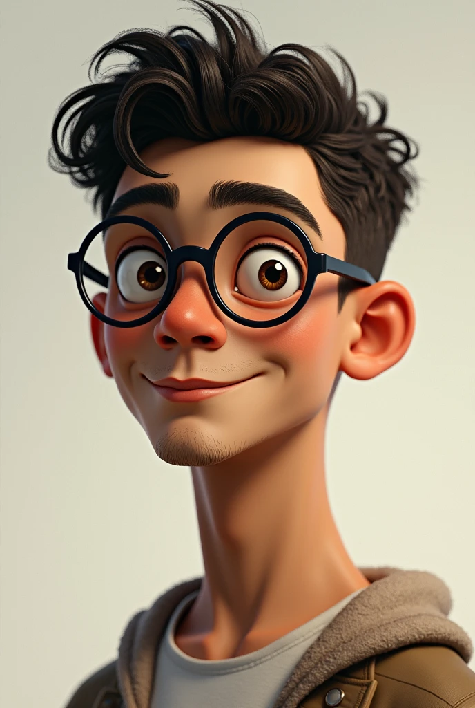 Tall, thin 24-year-old man, packed skin, round lenses, long oval face, big nose, small eyes, short curly hair
